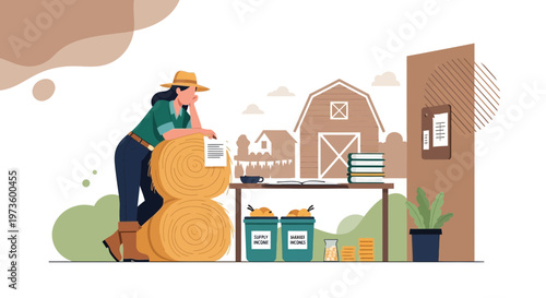 Farmer woman with straw bales, barn, and farm supplies, planning agricultural work