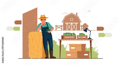 Farmer with Tablet and Hay Bale near Barn, Harvest and Income Concept