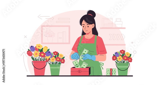 Florist counting money in cash register with bouquets of flowers, business success