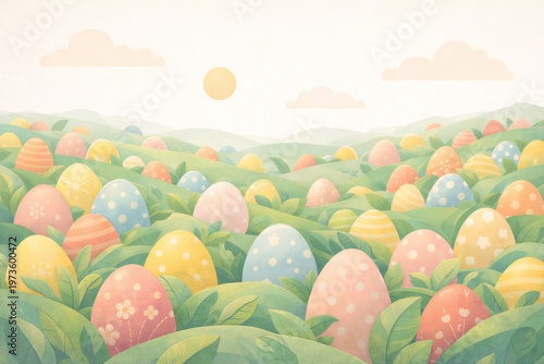 Pastel Easter Egg Landscape at Sunrise