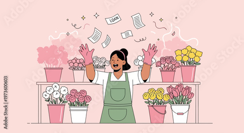 Happy florist celebrating success with money and flowers, small business growth concept