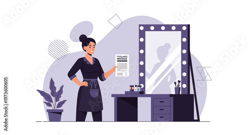 Makeup artist holding contract near vanity mirror with lights, preparing for work