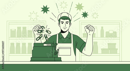 Happy cashier celebrating success at checkout counter with cash register and stars