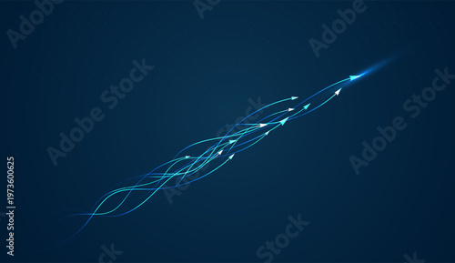 Blue digital traces move with arrow-like speed, highlighting the momentum of a thriving finance and business ecosystem. and An abstract representation of business