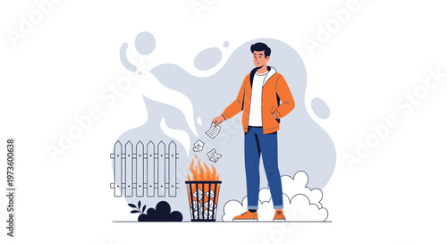 Man Burning Trash in Bin, Discarding Paper, Environmental Pollution Concept