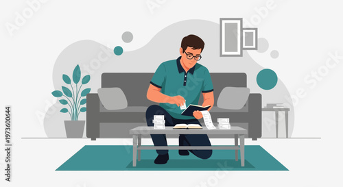 Man Calculating Bills and Expenses at Home, Financial Planning Concept