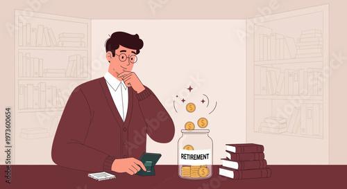 Man calculating retirement savings in jar with coins and books on desk