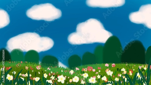 Playful clouds over green park on bright blue sky