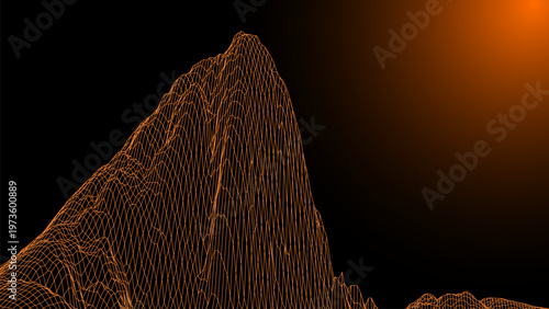An abstract futuristic 3D mountain landscape in the style of the 1980s. The vector illustration depicts mountain forms and a digital surface for the 1980s-style background. Early computer graphics.