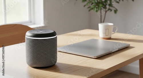 Smart Speaker on Wooden Desk with Laptop and Coffee Mug in Bright Room