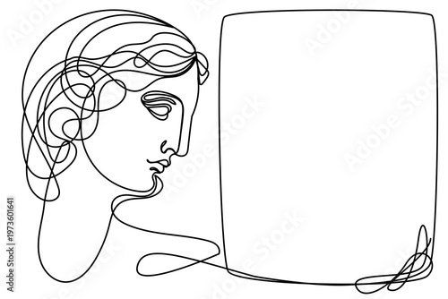 Line Art Antique Character Face. Curved Pen Stroke Drawn Elegant Portrait. Greece God Silhouette. Aesthetic Contour Drawn Statue Mascot Head. Vintage Shop or Museum Logo Design. Wavy Outline Person 