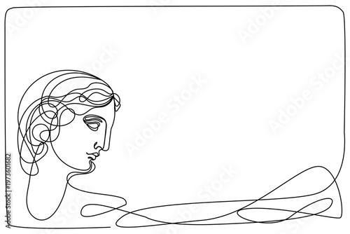 Line Art Antique Character Face. Curved Pen Stroke Drawn Elegant Portrait. Greece God Silhouette. Aesthetic Contour Drawn Statue Mascot Head. Vintage Shop or Museum Logo Design. Wavy Outline Person 
