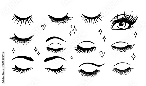 Decorative eyelashes closed eyes doodle set hand drawn feminine beauty vector illustration