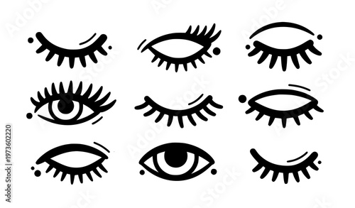Sticker style eyelashes closed eyes doodle icons bold outline beauty vector set