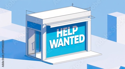 Help wanted sign displayed prominently on a modern storefront with a clean design and bright blue background, inviting job seekers to apply for available positions