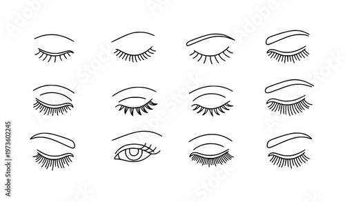 Closed eyes eyelashes doodle icon set hand drawn cute feminine outline vector collection