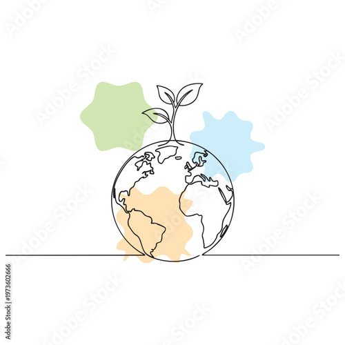 Hand nurturing young plant growing from globe with environmental icons
