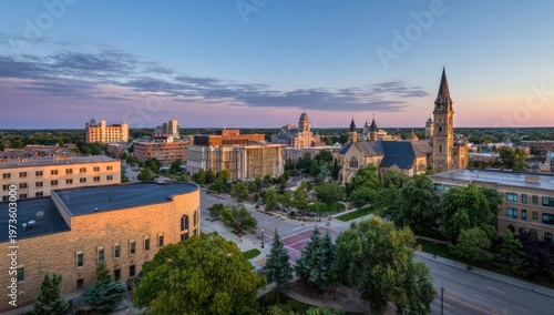 Aerial View of a University Campus at Sunset with Historic Architecture and Modern Buildings.