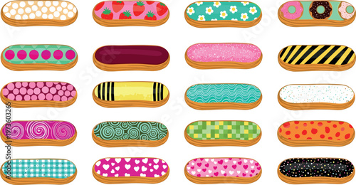 Colorful Eclair Donut Desserts Collection Pattern Toppings Bakery Flat Vector Set