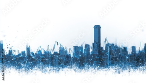 Abstract Blue Cityscape Silhouette with White Background.