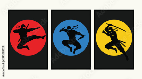Set of Ninja Silhouettes in Action Poses with Colorful Circles Minimalist Vector Illustration