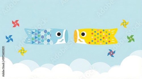 Japanese Koinobori carp streamers illustration with pinwheels and clouds for Childrens Day