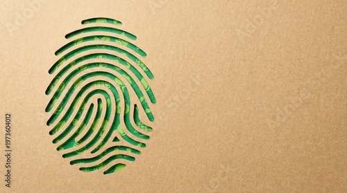 Fingerprint shape cut out of craft paper with green moss texture visible underneath