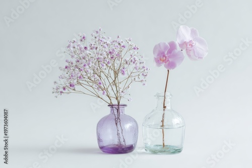 Delicate Pink Orchid and Babys Breath in Minimalist Vases.