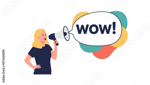 Excited woman shouts into a megaphone with a speech bubble saying wow to announce big news or a promotion.