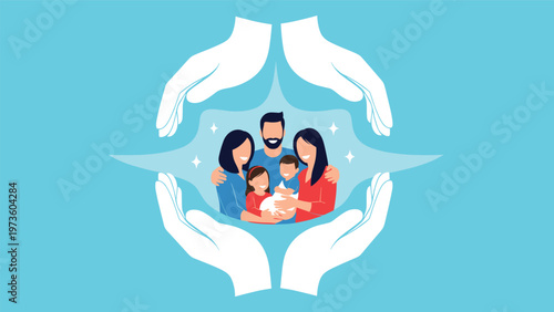 Large white hands provide a protective circle around a happy family of four to represent security and insurance.