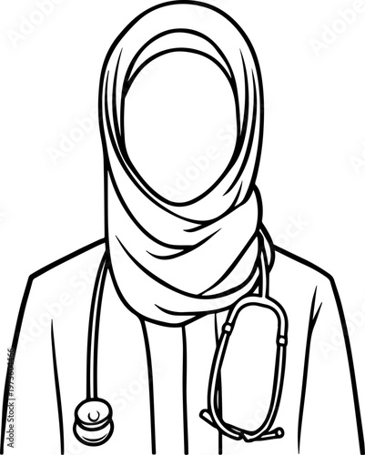 Hand Drawn Beautiful Female Doctor Wearing Hijab Black and White Illustration in Minimal Line Art Style Design