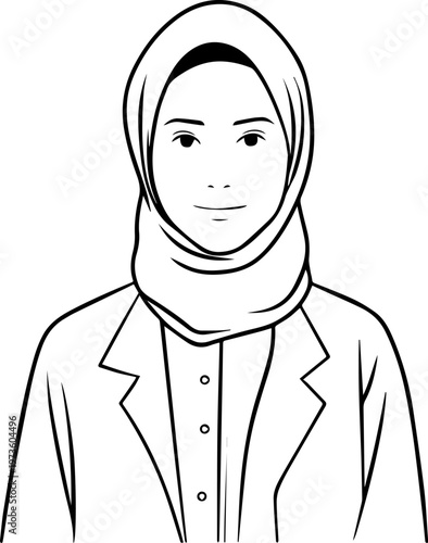 Hand Drawn Beautiful Female Doctor Wearing Hijab Black and White Illustration in Minimal Line Art Style Design