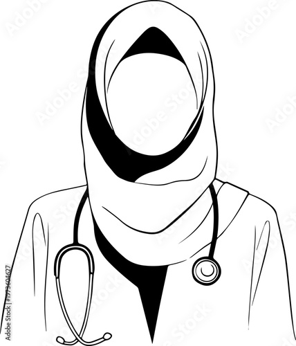 Hand Drawn Beautiful Female Doctor Wearing Hijab Black and White Illustration in Minimal Line Art Style Design