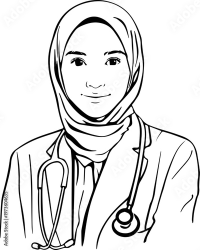 Hand Drawn Beautiful Female Doctor Wearing Hijab Black and White Illustration in Minimal Line Art Style Design