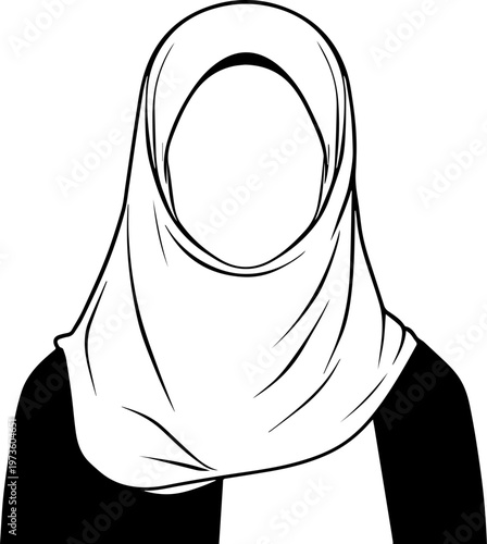 Hand Drawn Beautiful Female Doctor Wearing Hijab Black and White Illustration in Minimal Line Art Style Design
