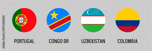 Portugal Democratic Republic of the Congo Uzbekistan Colombia flags in circular badge set, national emblem collection, international country icons, global identity vector illustration