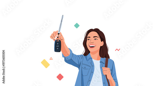 Excited young woman holds up her new car keys with a happy smile to celebrate buying a vehicle or getting a license.