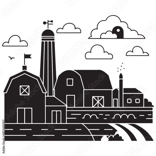 Monochrome Farm Landscape Illustration with Barns, Silo, and Rural Buildings under Sky