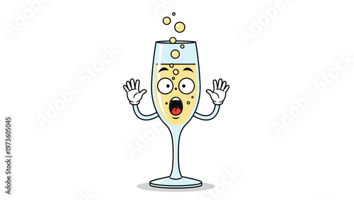 Startled champagne glass character with wide eyes and bubbles erupting from the top representing a surprising moment or a celebration.
