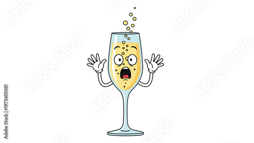Shocked flute of sparkling wine character with bubbles flowing out and a funny facial expression ideal for party or celebration graphics.