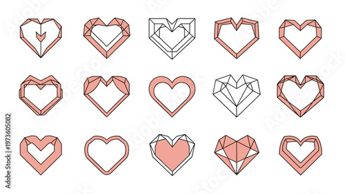 Collection of fifteen unique geometric heart icons in various styles ranging from simple outlines to faceted crystalline shapes for design.