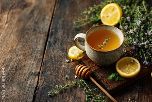 Warm Herbal Tea with Lemon and Honey on Rustic Wooden Table.