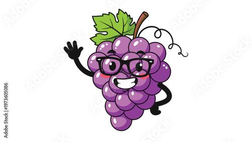 Friendly purple grape cluster character wearing black glasses and waving its hand while posing with a green leaf and a curly vine.