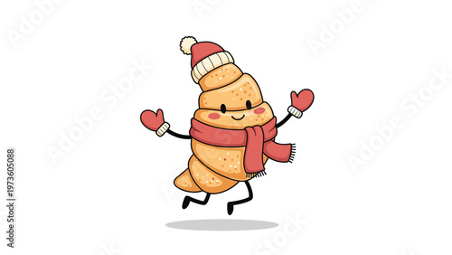 Happy croissant character wearing a winter hat scarf and mittens jumping in the air to celebrate the cold weather and cozy snacks.