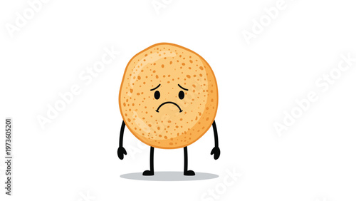 Sad cartoon biscuit or round cracker character standing with a melancholic expression and a downturned mouth on its face.