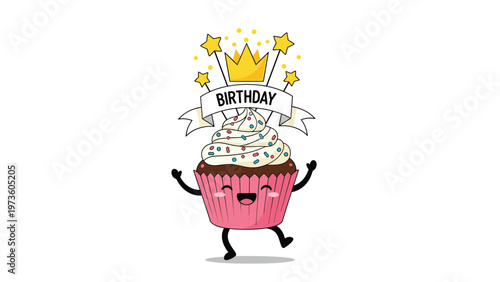 Festive birthday cupcake character wearing a golden crown and dancing happily below a banner with sparkling stars and confetti.