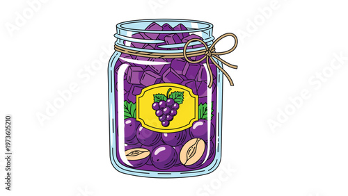 Glass jar filled with purple grape jam and whole grapes featuring a vintage label with a bunch of grapes and a twine bow.