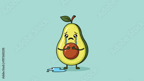 Sad cartoon avocado character crying a puddle of blue tears while holding its brown pit on a light blue background.
