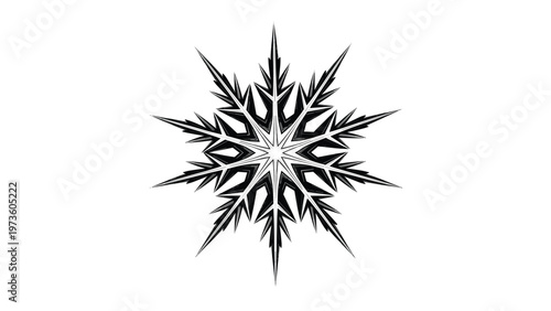 Intricate black and white graphic design of a decorative snowflake with complex symmetrical crystalline patterns.