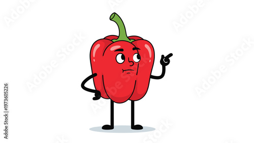 Grumpy cartoon red bell pepper character pointing his finger with an annoyed expression on a white background.